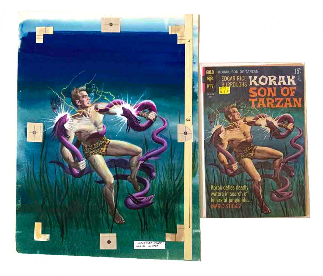 GEORGE WILSON COMIC COVER ILLUSTRATION: GEORGE WILSON COMIC COVER ILLUSTRATION KORAK SON OF TARZAN: From Korak #29 Cover Illustration, original comic also included in this lot sealed in plastic, scene depicts Korak battling electric eels un