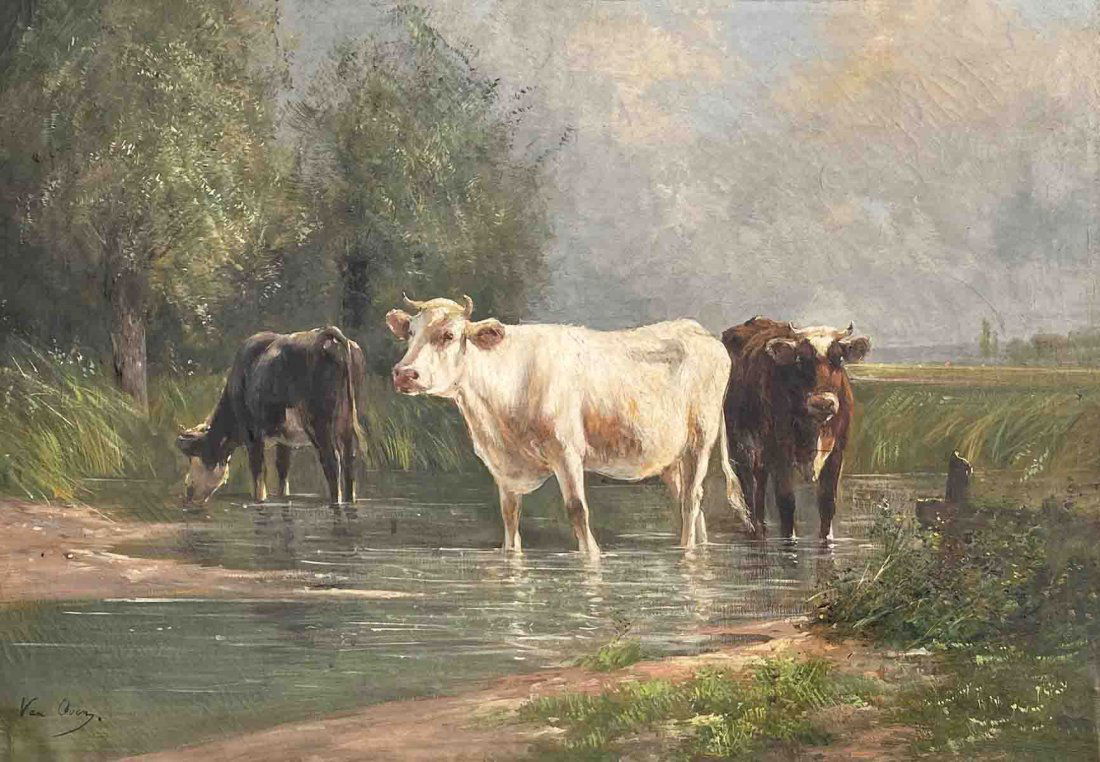 COEN VAN OVEN COWS OIL PAINTING ON CANVAS: VAN OVEN, Coen, Holland (1883 - 1963), Cow Painting on Canvas: Large oil on canvas entitled "Vaches s abreuvant" (Cows Drinking). Signed Van Oven lower left. Title plate reads Van Oven, MENF. HONOR, "