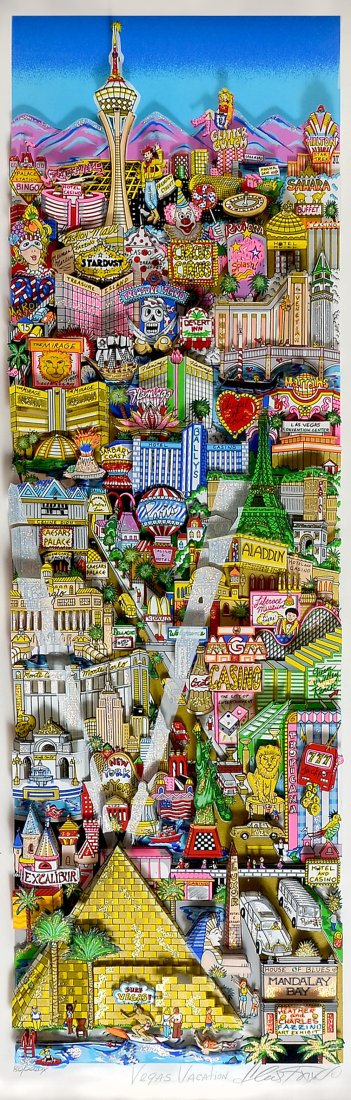 LARGE CHARLES FAZZINO LAS VEGAS 3D LITHOGRAPH: FAZZINO, Charles, (American, 1955): "Vegas Vacation", 3-D Lithograph, sight size 38.5" x 14.5", pencil signed lower right, titled "Vegas Vacation", numbered 80/200, DX custom matte and framing, 51.5" 