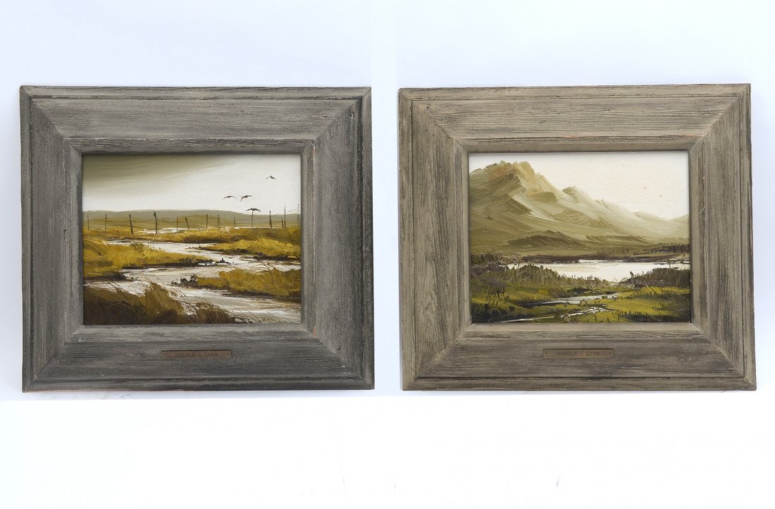 TWO HAROLD LYON LANDSCAPE PAINTINGS: LYON, Harold, (1930-): Two Oil on Board, 1) Depicts Marsh Scene with Birds in Flight, sight size, 7.25" x 9.25", framed, 13.5" x 15.5", 2) Pond scene, 7.25" x 9.25", matching frame, 13.5" x 15.5".