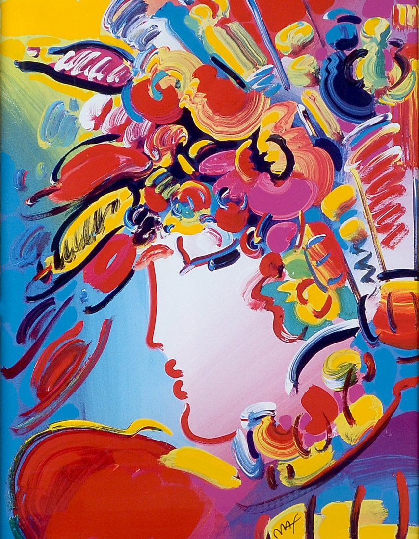 PETER MAX MIXED MEDIA "BEAUTY": MAX, Peter, (German, 1937-): ''Flower Blossom Lady'', Mixed Media, sight size 16.5'' x 22.5'', signed upper left, framed, 32'' x 38'', label affixed verso, stamped on the paper verso ''color variation
