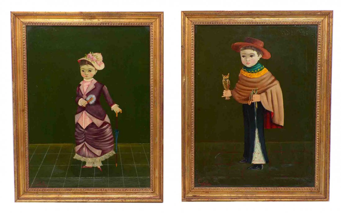 TWO AGAPITO LABIOS BIG EYED CHILDREN PAINTINGS: LABIOS, Agapito, (Mexican, 1898-1996): Two Big Eyed Children Paintings, 1) A Young Girl in Purple Dress, Oil/Canvas, sight size 21.5" x 16", signed lower left, framed, 25.25" x 20", 2) A Young Boy Hol
