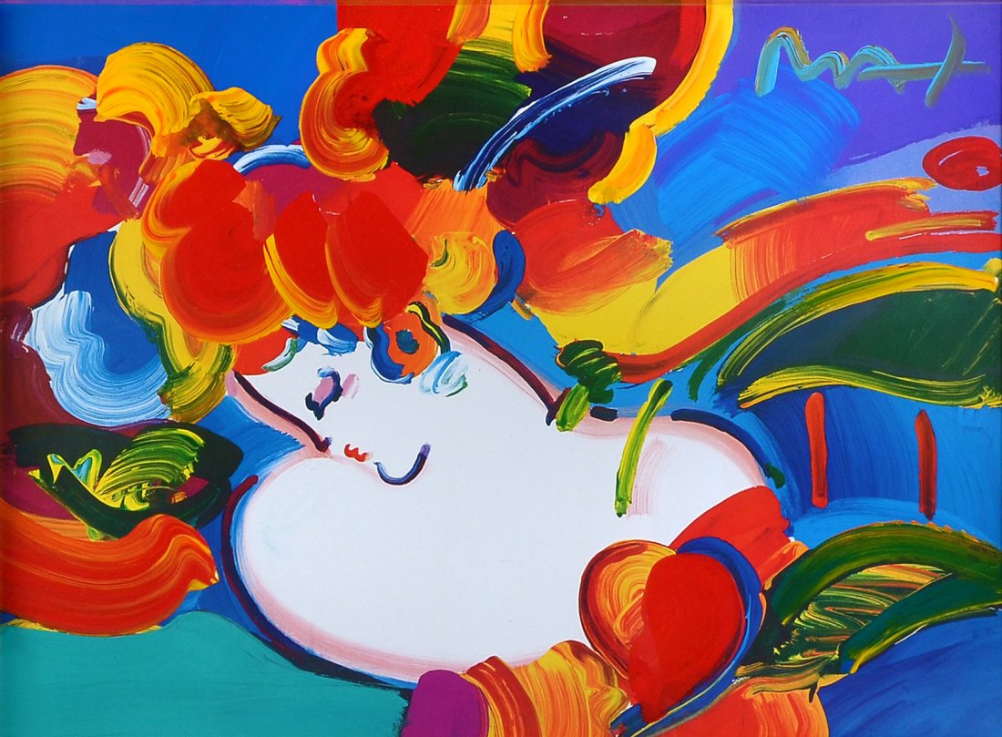 PETER MAX MIXED MEDIA "FLOWER BLOSSOM LADY": MAX, Peter, (German, 1937-): "Flower Blossom Lady", Mixed Media, sight size 16.5" x 22.5", signed upper left, framed, 32" x 38", label affixed verso, stamped on the paper verso "color variation color