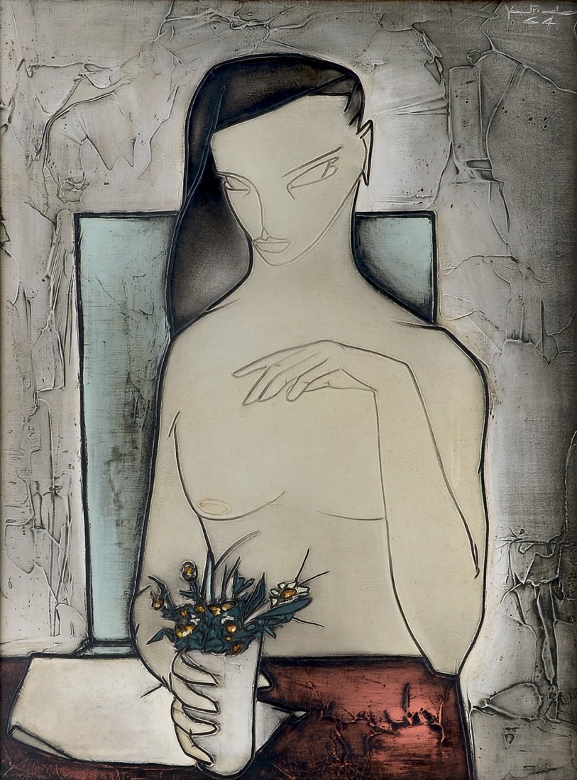 GEORGES YATRIDES EXHIBITED MODERNIST PAINTING: YATRIDES, Georges, (French, 1931-): Nude Female Portrait with Flowers in an Interior, Oil/Canvas, 29" x 21.5", signed upper left, dated '64, partial exhibition from Chicago affixed verso, framed, 38" 