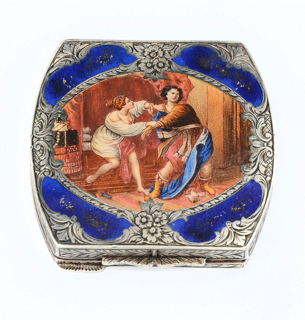 ITALIAN .800 HALLMARKED ENAMELED SILVER COMPACT: ITALIAN .800 HALLMARKED ENAMELED SILVER COMPACT: Approx. 1.82 Troy ounces Total weight. Italian Silver compact, having an enameled figural scene at lid. Gold washed interior. Overall scrolling foliate