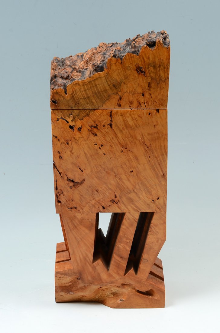 CARVED DRIFTWOOD BOX SIGNED MICHAEL ELKAN: CARVED DRIFTWOOD BOX SIGNED MICHAEL ELKAN: 17" h., signed underneath, comprised of 1 piece of wood carved into several boxes that fit inside the box.