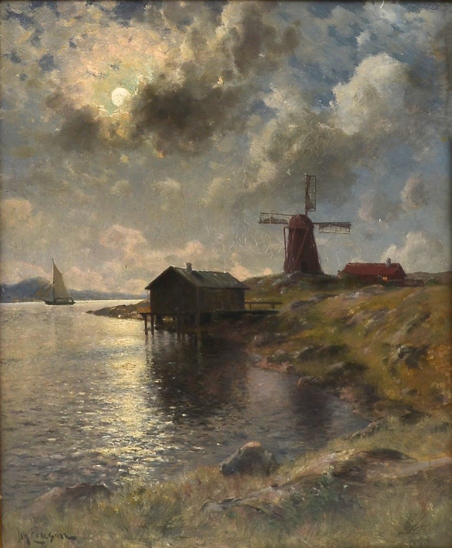 JOHAN ERICSON NOCTURNAL LAKESIDE PAINTING: ERICSON, Johan, (Swedish, 1849-1925): Nocturnal Lakeside Landscape with Windmill, Oil/Wood Panel, 21.25" x 18", signed lower left, fine gilded framing, 27.25" x 23.5", Iocovozzi Fine Art letter affixe