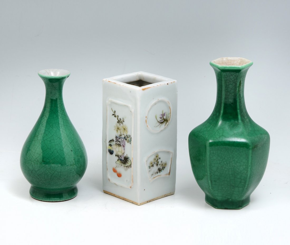 3 PC. CHINESE PORCELAIN VASES AND BRUSH POT: 3 PC. CHINESE PORCELAIN VASES AND BRUSH POT: Comprising; 1- Hexagonal Green glazed vase. 1- Green glazed bud vase. 1- Square brush pot, having windows with mountainous & floral scenes, with raised fra
