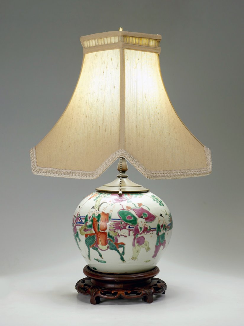 LATE 19TH C. CHINESE FAMILLE ROSE PORCELAIN TABLE: LATE 19TH C. CHINESE FAMILLE ROSE PORCELAIN TABLE LAMP: Chinese enameled vase converted into a table lamp. Bottom of vase drilled in center where mark would reside. Enameled scene of an Empress with c