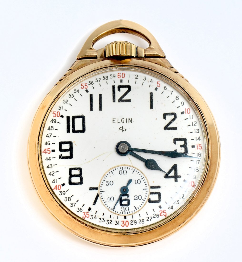 ELGIN 21 JEWEL OPEN FACE POCKET WATCH SIZE 16S: ELGIN 21 JEWEL OPEN FACE POCKET WATCH: Size 16s, grade 571 marked for Benjamin Wright Raymond. Run quantity of 3000, total production of 171000 1947-1954. Porcelain dial with individually marked minut