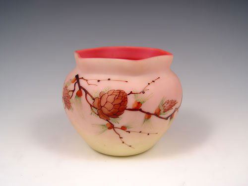 THOMAS WEBB BARBE LARCH BURMESE ART GLASS VASE: THOMAS WEBB & SONS BURMESE GLASS VASE IN THE JULES BARBE LARCH DESIGN: 3'' tall. Jules Barber created this and many other designs for Webb in 1886-1888. Angie Hudock collection.