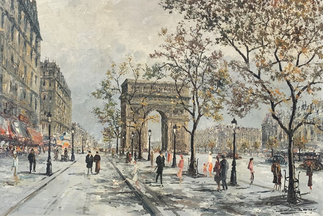 LARGE PARISIAN STREET SCENE PAINTING SIGNED BARRY: LARGE PARISIAN STREET SCENE PAINTING SIGNED BARRY: Oil/Canvasboard, sight size23.5" x 35", framed, 30" x 42".
