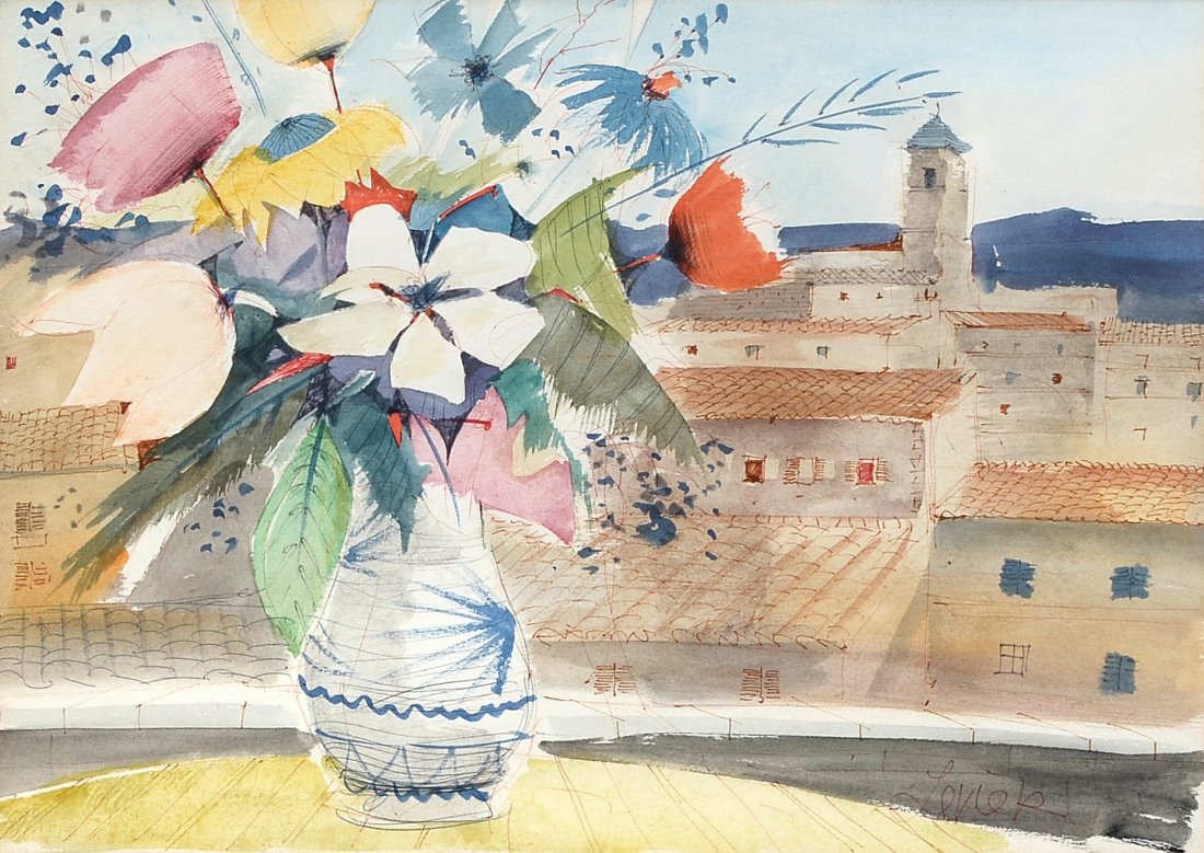 CHARLES LEVIER FLORAL STILL LIFE PAINTING: LEVIER, Charles, (French, 1920-2003): Flowers in a Vase with Village in the Background, Watercolor, sight size 14.5'' x 20.25'', signed lower right, framed, 24.25'' x 30.25''.