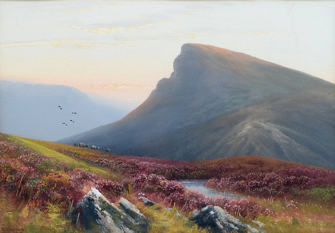 DANIEL SHERRIN SCOTTISH HIGHLANDS PAINTING: SHERIN, Daniel, (British, 1868-1940): Scottish Highlands Scene with Cattle in the Distance, Gouache, sight size 9.75'' x 14.25'', signed lower left, carved and gilded frame, 16.75'' x 21.25''.