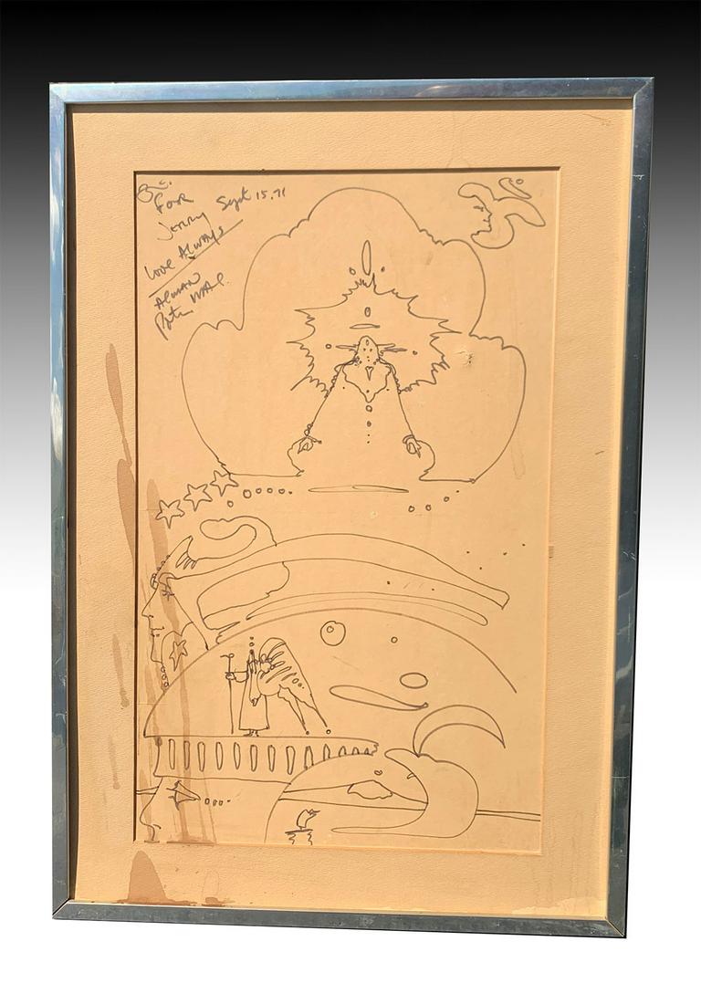 ORIGINAL PETER MAX FANTASY MARKER DRAWING: MAX, Peter, (German, 1937-): Fantasy Scene, Marker on Paper, sight size, 19.25'' x 11.75'', signed and dedicated upper left, dated 1971, not under glass, framed 24'' x 16.75'', acquired at Universal S