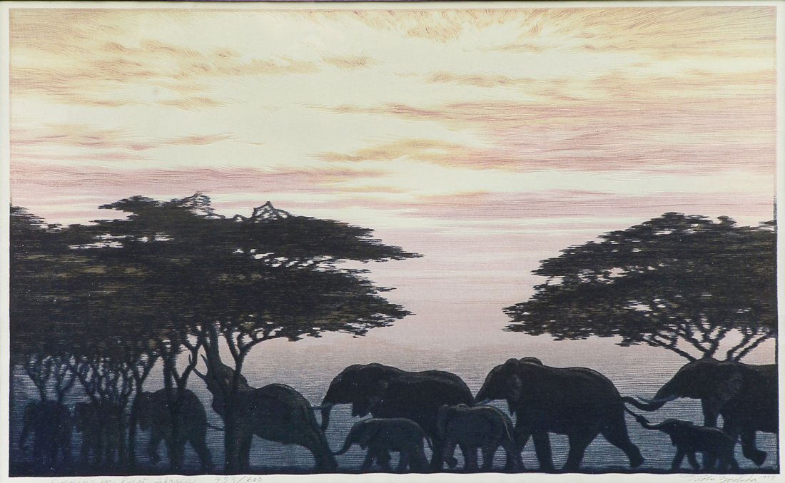 TOSHI YOSHIDA JAPANESE WOODBLOCK PRINT: YOSHIDA, Toshi, (Japanese, 1911-1995): ''Evening in East Africa'', Woodblock Print, sight size 12.25'' x 20.25'', pencil signed lower right, dated 1977, titled lower left, numbered 453/600, framed, 18