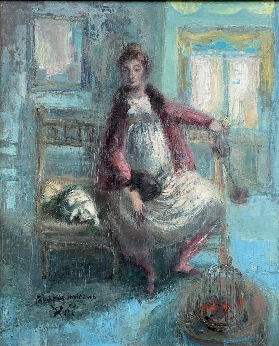 JOSE PICO PAINTING WOMAN WITH CAT: PICO MITJANS, Jose, (Spain, 1904-1991): Interior Scene with Woman and Cat, Oil/Canvas, 21'' x 16'', signed lower left, framed, 25.5'' x 20.5''.