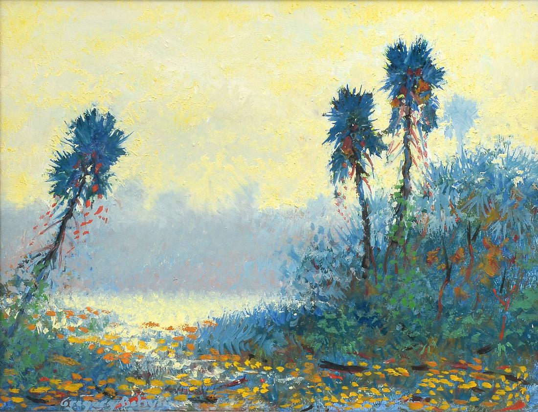 GREGORY BEHYMER IMPRESSIONIST FLORIDA PAINTING: BEHYMER, Gregory, (American, 20th Century): Colorful Florida Landscape with Palms, Oil/Masonite, 11" x 14", signed lower left, also signed verso, framed, 14.25" x 17".