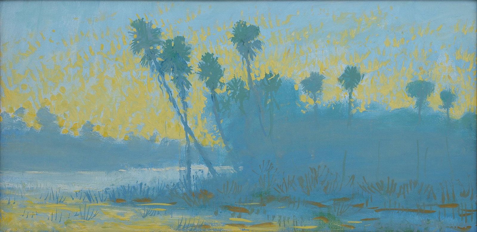 GREGORY BEHYMER FLORIDA PALMS PAINTING: BEHYMER, Gregory, (American, 20th Century): Florida Palms on the River, Oil/Canvasboard, 10" x 20", signed lower right, framed, 11.75" x 21.75".