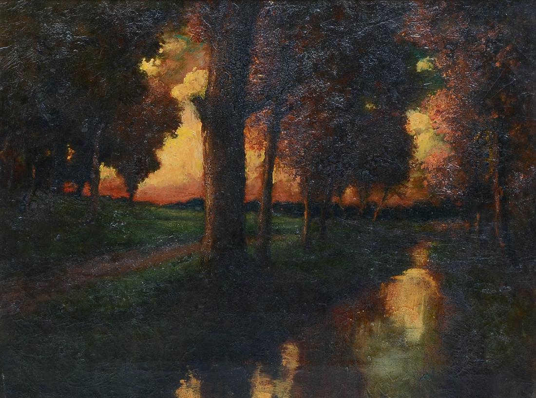 GEORGE TRAVER ARTS AND CRAFTS AUTUMNAL LANDSCAPE: TRAVER, George, (American, 1864-1928): Autumnal Forest Sunset by a Stream, Oil/Canvas, 18'' x 24'', signed lower left, stenciled on the back of the canvas, pierced carved period frame 27.5'' x 33''.