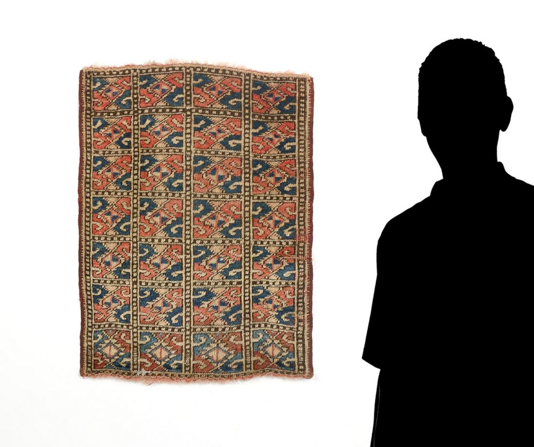 TURKISH OR CAUCASIAN HK WOOL RUG, 1'7'' X 2': ANTIQUE TURKISH OR CAUCASIAN HAND KNOTTED WOOL RUG, 1'7'' X 2': This rug has an unusual design that consists of beige and ivory squares over the whole rug with no borders.