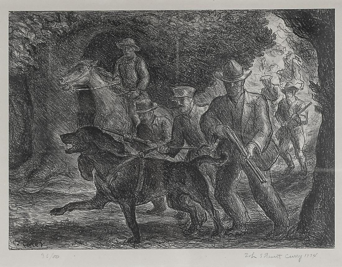JOHN STEUART CURRY MANHUNT LITHOGRAPH: CURRY, John Steuart, (British, 1897-1946): "Manhunt", Lithograph, sight size 11" x 14" with margins, signed lower right, dated 1934, numbered 36/50 lower left, framed, 20.25" x 24.75".