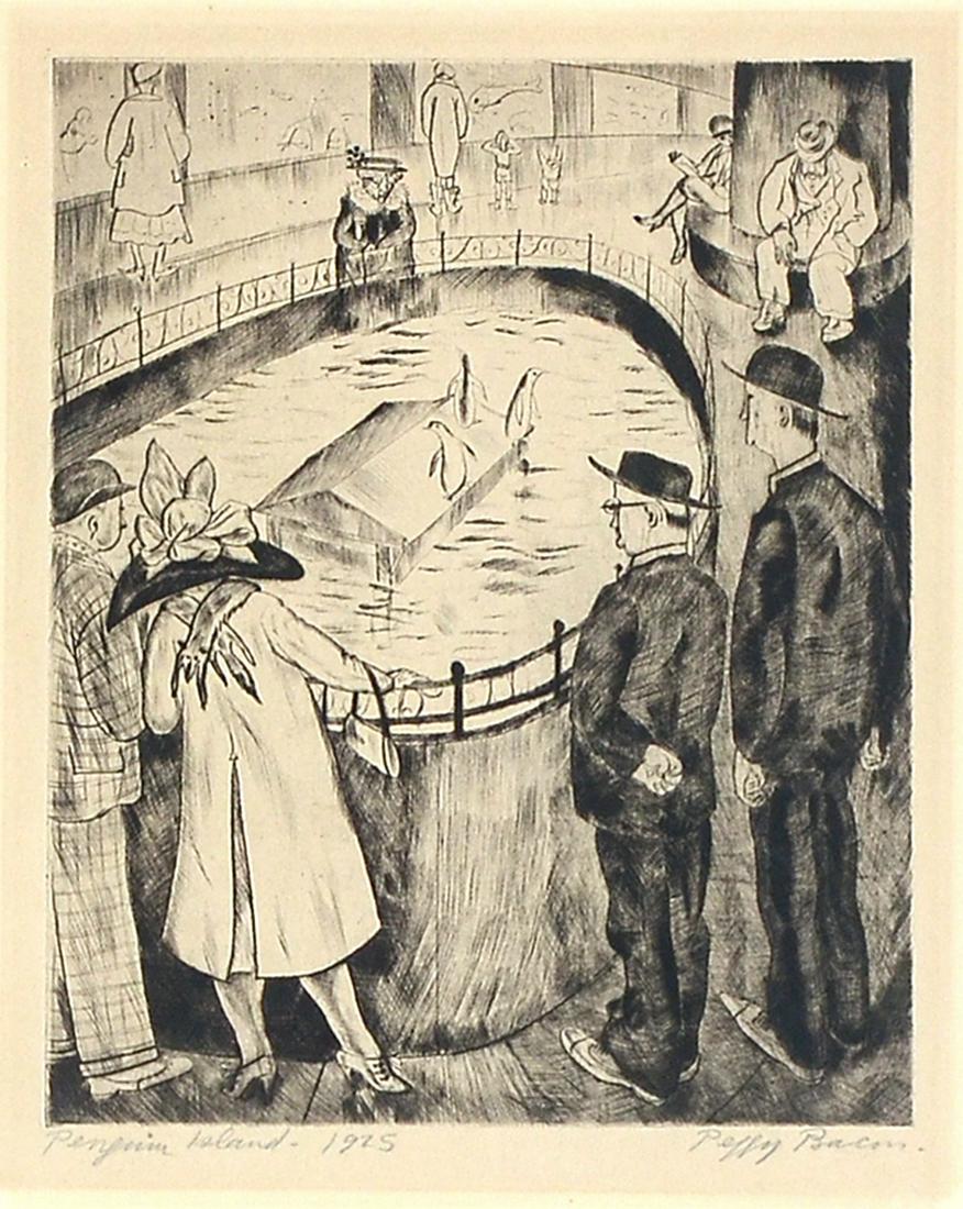 PEGGY BACON PENGUIN ISLAND ETCHING: BACON, Peggy Brook, (American, 1895-1987): "Penguin Island", Etching, sight size 12.5" x 9.5" with margins, pencil signed lower right, titled lower left, dated 1925, framed, 22.25" x 18".