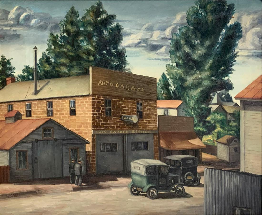WPA STYLE PAINTING BY FRANK FEDEROFF: WPA STYLE PAINTING BY FRANK FEDEROFF: Auto Garage, 1930s Street Scene, Oil/Canvas, 25'' x 30'', signed lower left, framed, 30.5 x 35.5''.