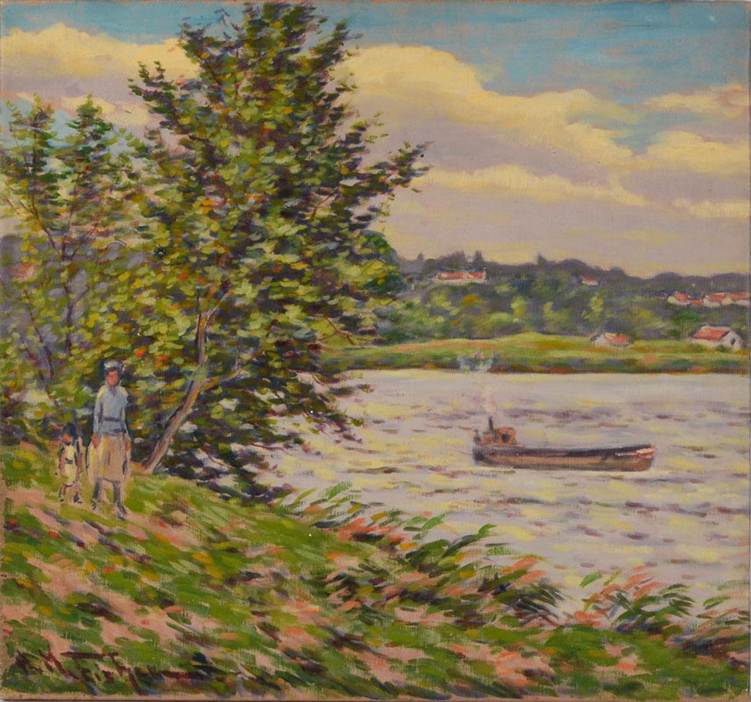 HUGO MELVILLE FISHER PAINTING LAKESIDE SCENE: FISHER, Hugo Melville, (American, 1878-1946): Country Lakeside Scene with Mother and Child Strolling, Oil/Canvas, 26'' x 28'', signed, lower left, unframed.