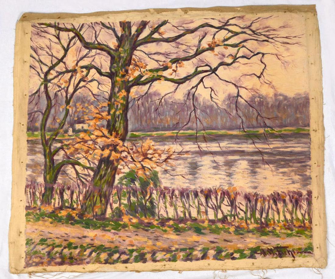 HUGO MELVILLE FISHER PAINTING RIVERSIDE SCENE: FISHER, Hugo Melville (American, 1878-1946): Autumnal Riverside Scene, Oil/Canvas, 25'' x 28'', signed lower right, unstretched. Fisher's father taught him to paint at a young age. He traveled a great