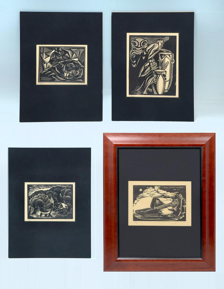 4 PIECE CHARLES EVERS WOODCUT LOT: EVERS, Charles, (UK, 19th C): 4 piece woodcut lot to include: 1) ''Voo Doo'', 12'' x 9'' with margins, monogrammed lower right and marked A/P for artist's proof, titled lower mid margin and dated 1935
