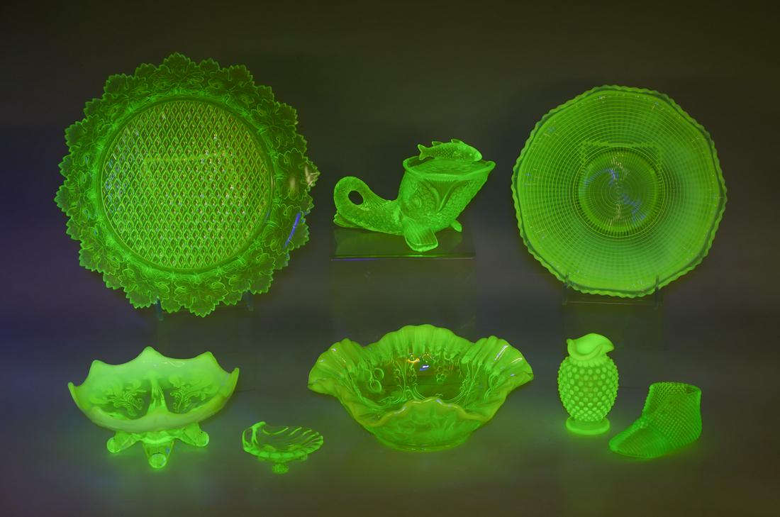 8 PC. VASELINE GLASS COLLECTION: 8 PC. VASELINE GLASS COLLECTION: Comprising; 1- Model Flint bowl, 1- EAPG bowl with a foliate designed rim, 1- Opalescent footed bowl, 1- Shell form trinket dish, 1- Fenton hobnail bud vase, 1- Boot,