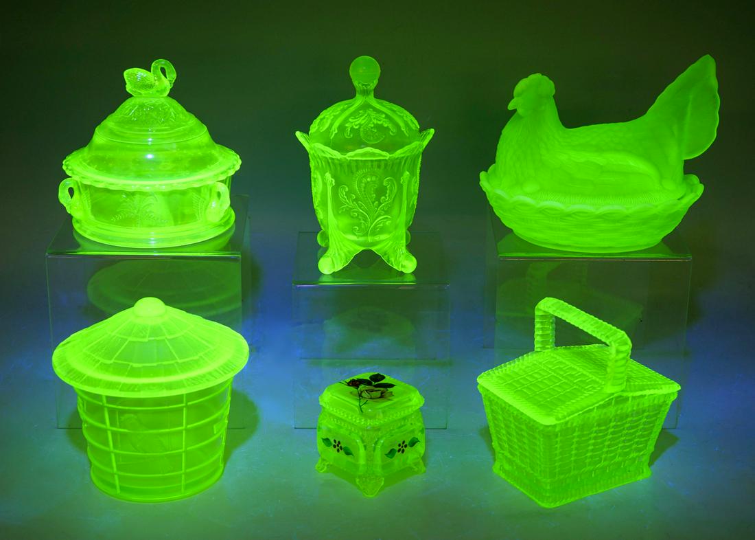 6 PC. VASELINE LIDDED GLASS COLLECTION: 6 PC. VASELINE LIDDED GLASS COLLECTION: Comprising; 1- Hen form dish 1- Birdcage form, 1- Swan designed dish, 1- Hand-painted square trinket box, 1- Picnic basket form, & 1- having a Foliate design. L