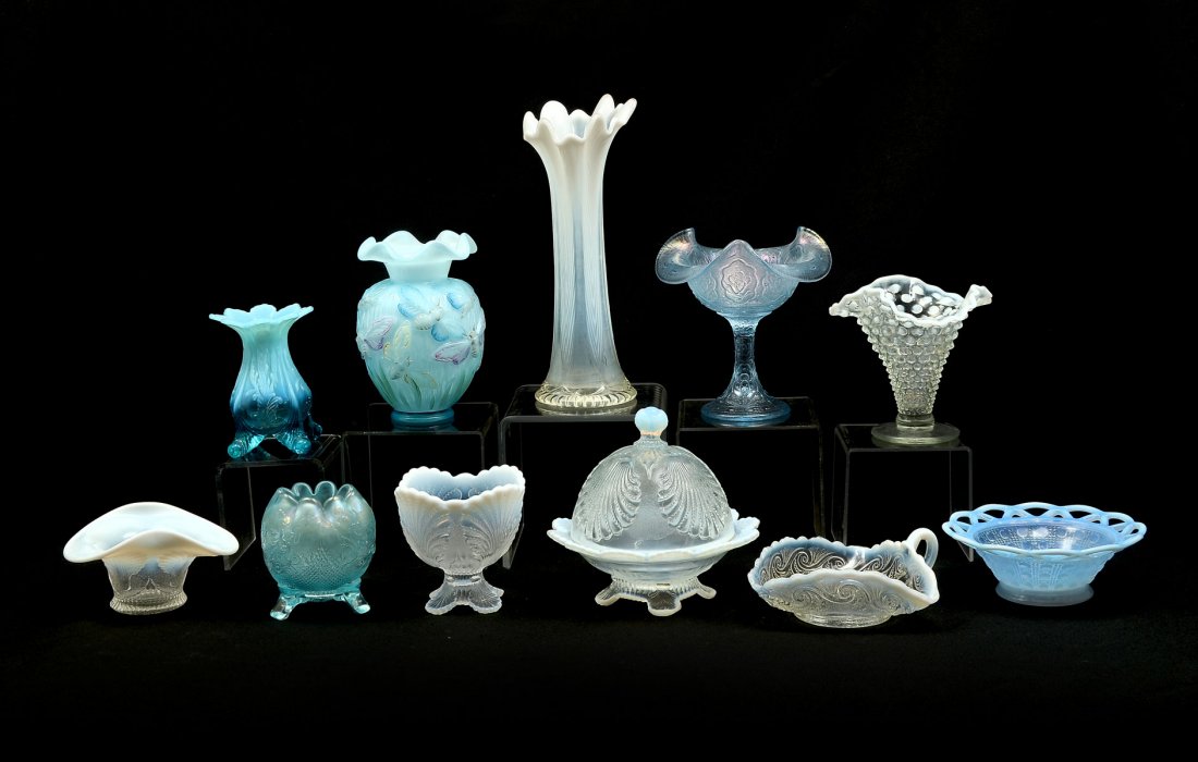 11 PC. OPALESCENT AND BLUE ART GLASS COLLECTION: 11 PC. OPALESCENT AND BLUE ART GLASS COLLECTION: 1) Opalescent Ribbed Swung Glass Vase, 11" h x 3.75" w; 2) Northwood Blue Opalescent Glass Whimsey Inverted Fan & Feather Lady's Spittoon, 5" h x 3.5" 