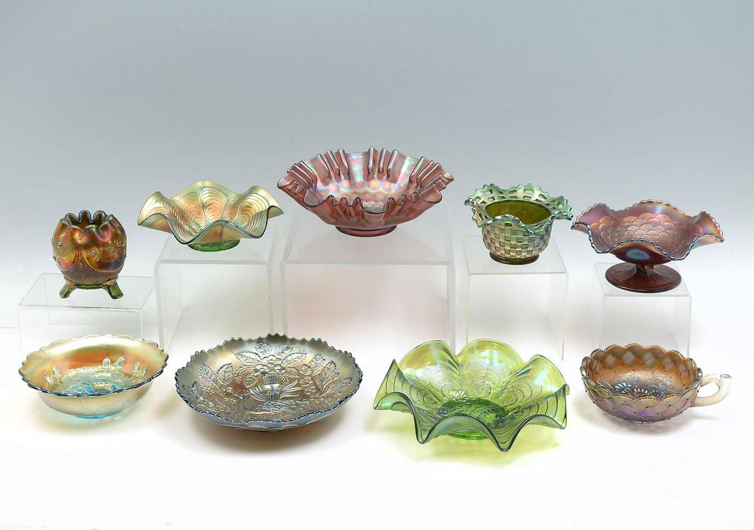 9 PC. ASSORTED CARNIVAL GLASS COLLECTION: 9 PC. ASSORTED CARNIVAL GLASS COLLECTION: 1) Amethyst Carnival Glass Fine Cut & Roses Footed Rose bowl, 4" h; 2) Fenton Acorn Blue Carnival Glass Ice Cream Bowl, 2" h x 6.5"; 3) Northwood Black Amethy
