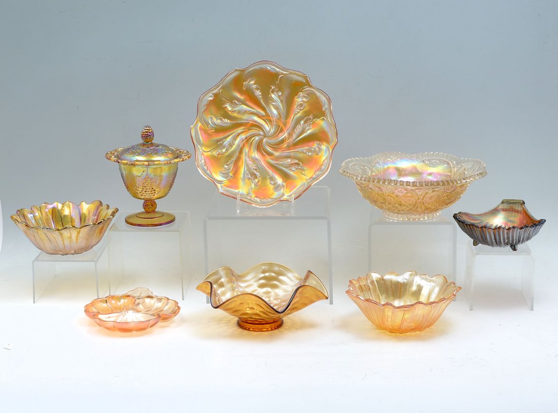 8 PC. AMBER CARNIVAL GLASS COLLECTION: 8 PC. AMBER CARNIVAL GLASS COLLECTION: 1) Amber Carnival Glass Covered Dish with open Lattice Edge, 6.5" h; 2) Amethyst Footed Clam Shell Dish; 2" h x 6.5" w; 3) Amber Carnival Glass Sunflower Bowl, 2