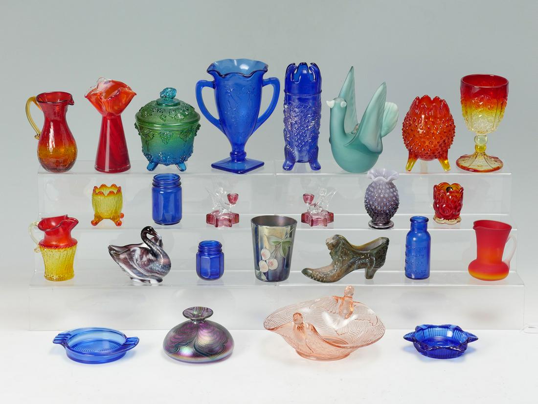 25 PC. AMBERINA & ART GLASS COLLECTION: 25 PC. AMBERINA & ART GLASS COLLECTION: 1) Glass Old Sleepy Eye Amberina Glass Toothpick Holder; 2) Robert Held Art Glass Iridescent Multi-Colored Vase; 3) Cobalt Blue Glass Bromo Seltzer Medicinal Bo