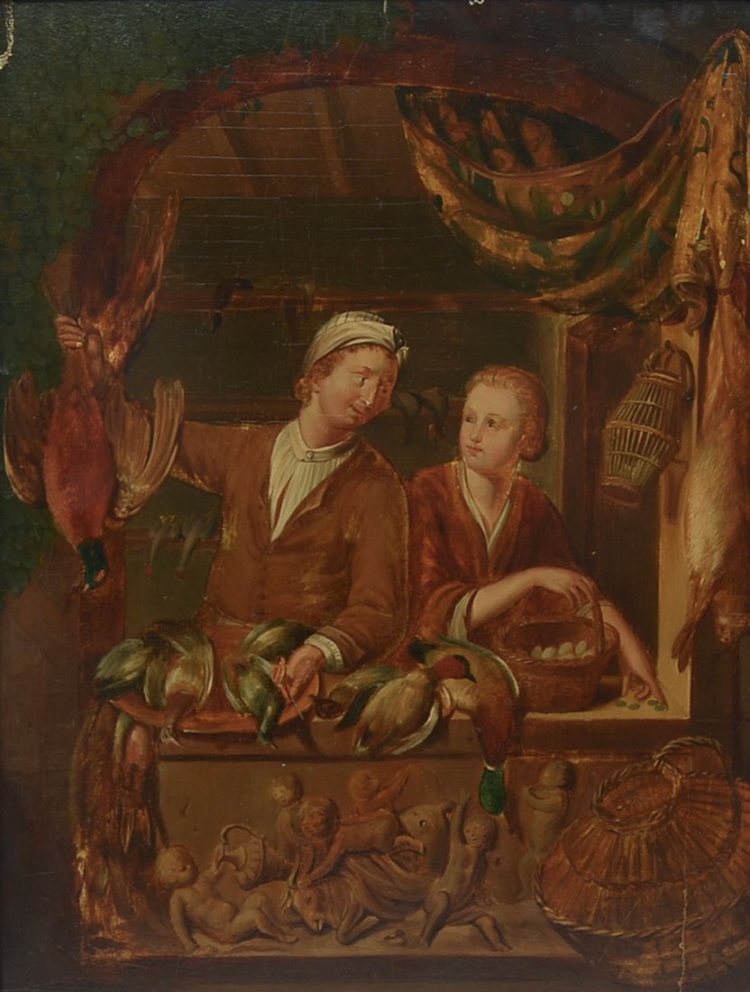 19TH CENTURY FRENCH SCHOOL GENRE PAINTING: 19TH CENTURY FRENCH SCHOOL GENRE OIL PAINTING: The Poultry Seller, Oil/Wood Panel, 16.75'' x 13.5'', from the collection of Mr. and Mrs. Peter B. O'Sullivan, assistant dean, college of fine arts, fram