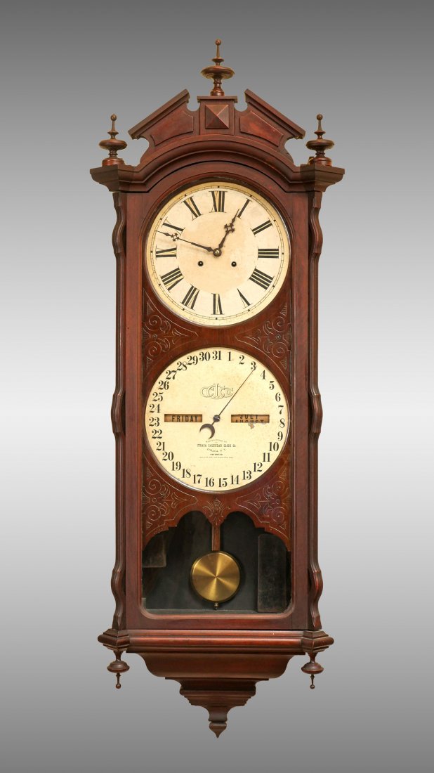 DOUBLE DIAL ITHACA WALL CALENDAR CLOCK: DOUBLE DIAL ITHACA WALL CALENDAR CLOCK NUMBER 2 BANK MODEL: Ithaca Calendar Clock Co., c. 1880, No. 2 Bank model, long walnut case, 8-day movement, two weight, with time dial above day and date calend