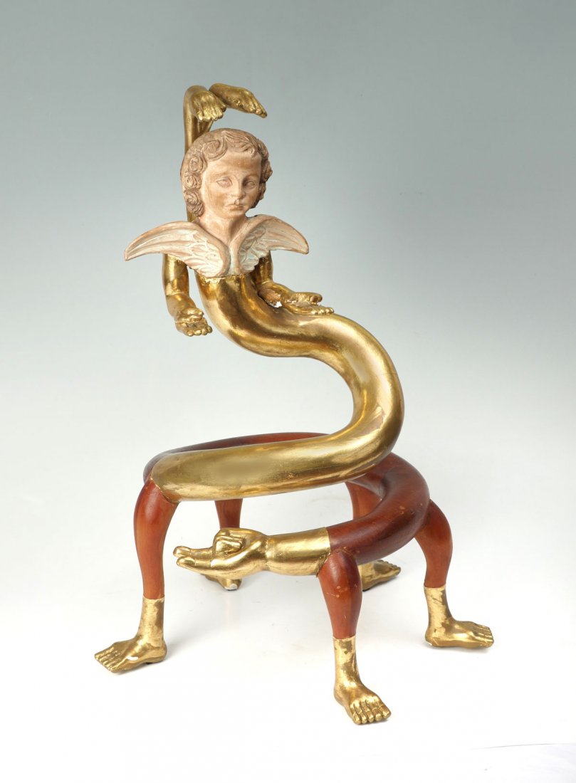 PEDRO FRIEDEBERG SERPENT ANGEL SCULPTURE: PEDRO FRIEDEBERG SERPENT ANGEL SCULPTURE: 28'' in height, a 5 footed serpent angel with multiple hands and wings, carved and gilded wood.