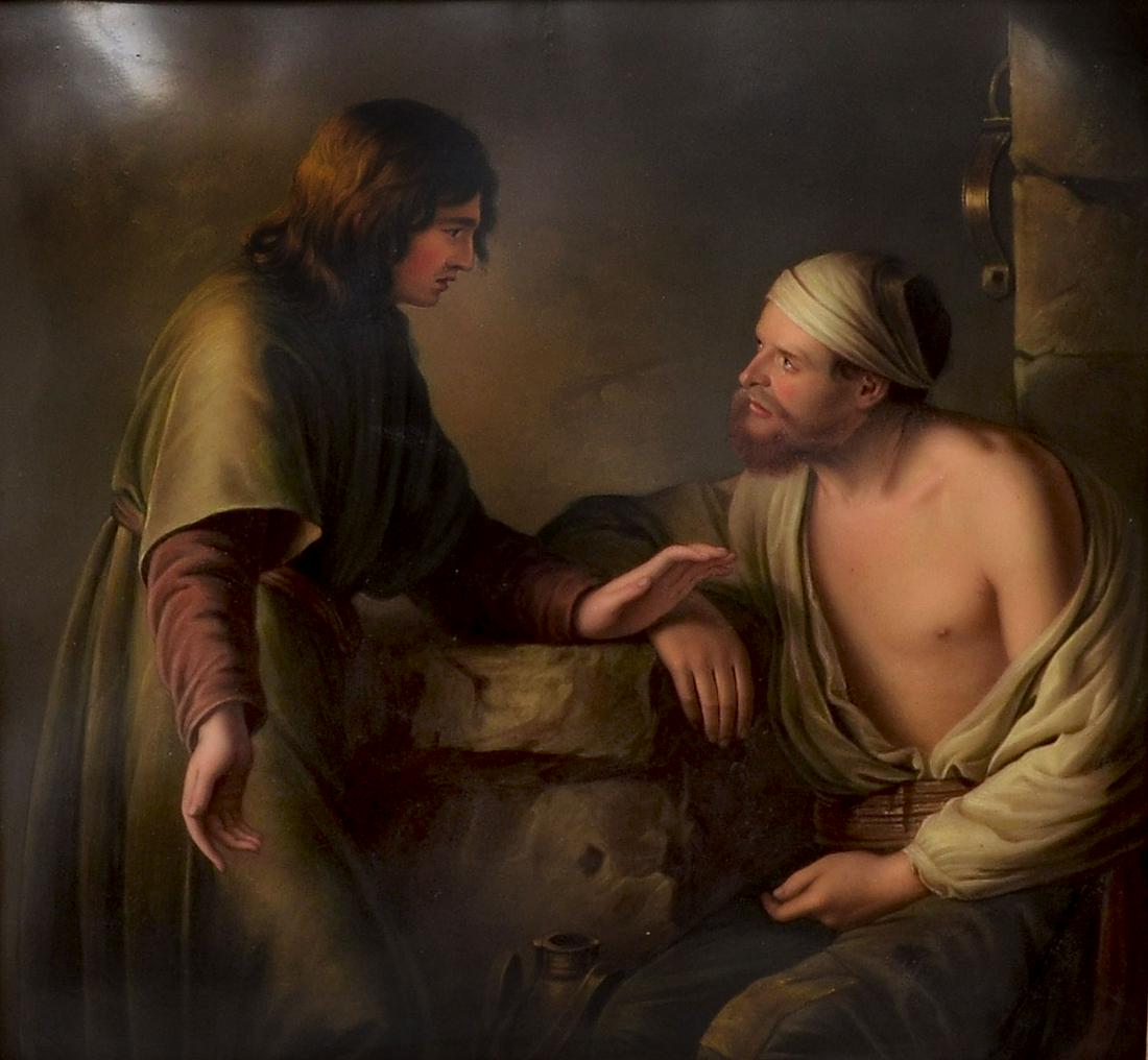 HENRY BONE ENAMEL ON COPPER PAINTING MEN IN DISCUSSION: BONE, Henry, (U.K., 1779-1855): Robed Servant Speaking to an Injured Man, Enamel/Copper, 8" x 8.5", inscribed illegibly at times verso, painted for His Grace, The Duke of Bedford by Henry Bone. After 