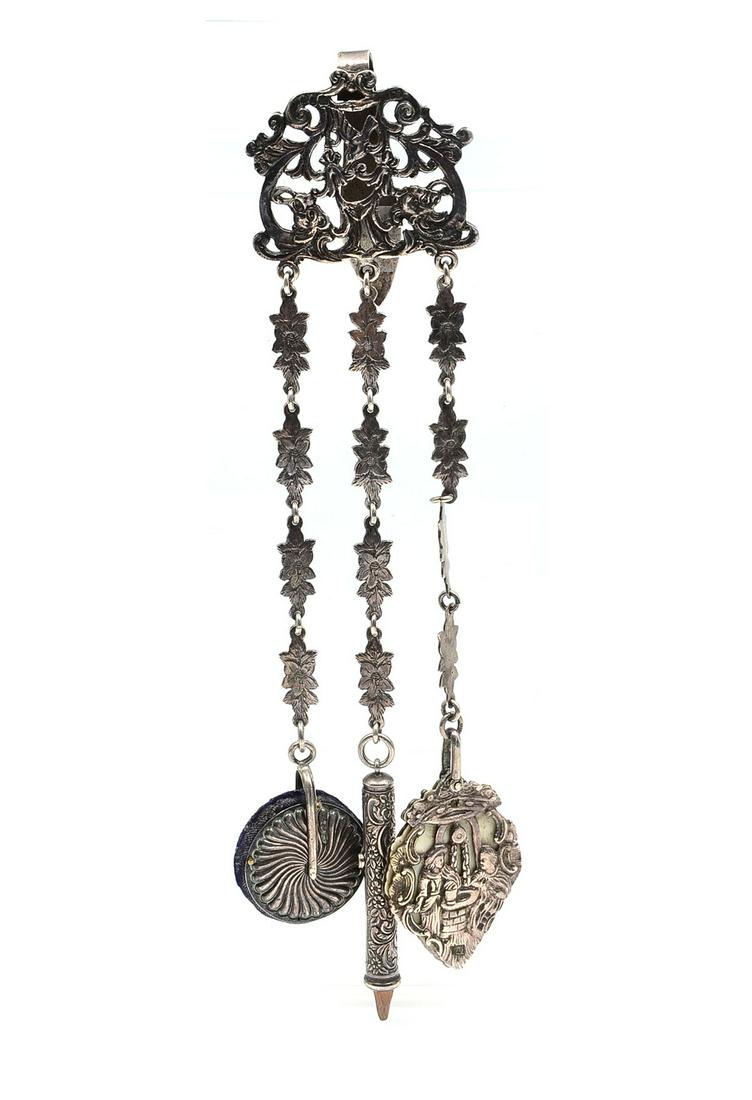 ENGLISH VICTORIAN STERLING SILVER CHATELAINE: ENGLISH VICTORIAN STERLING SILVER CHATELAINE: Samuel Jacob, London, 1894 Sterling silver Writing Chatelaine, having a scrolling floral & foliate design with a bird flying amongst at clip. 3- Floral me