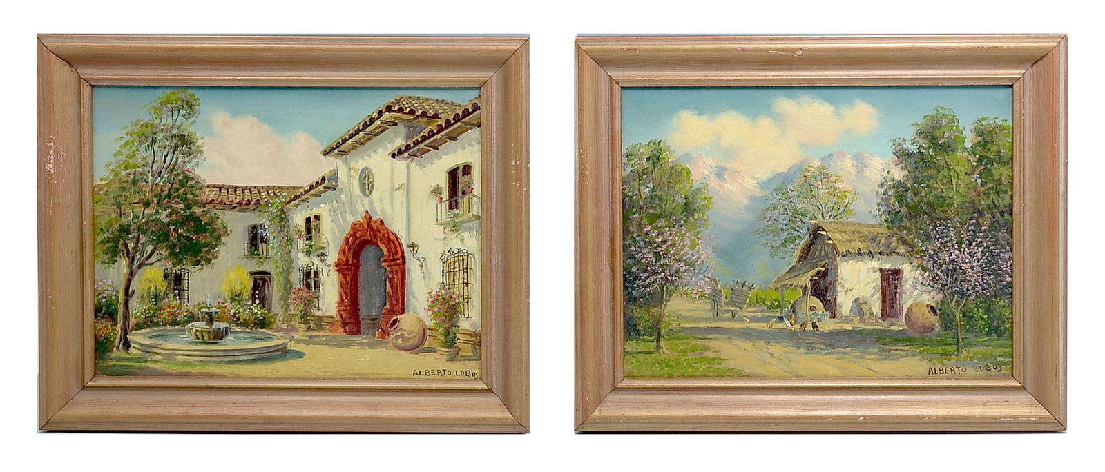 TWO ALBERTO LOBOS LANDSCAPE PAINTINGS: LOBOS, Alberto, (Chilean, 1892-1925): Two Oils on Canvas; 1) Rural Scene with Country Cottage on a Path with Mountains in the Distance, 12" x 16", signed lower right, framed, 15.5" x 19.5"; 2) Courtya