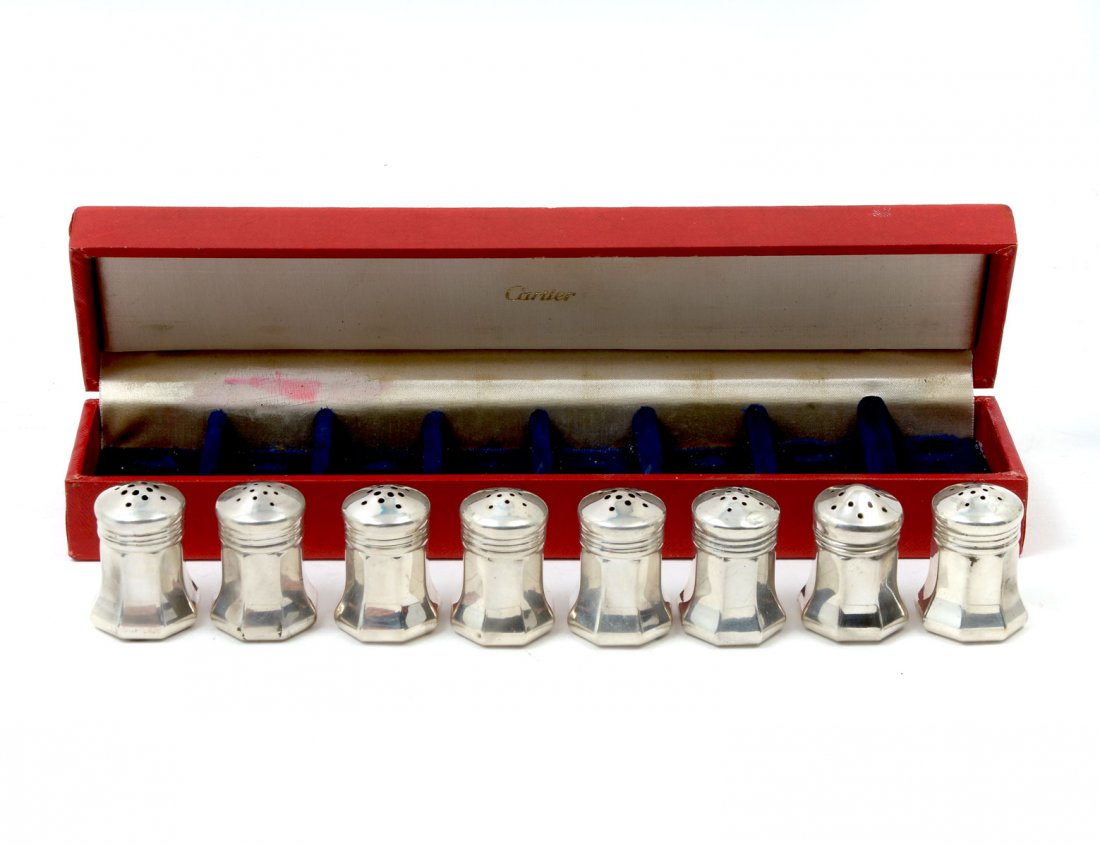 SET OF 8 VINTAGE CARTIER SALT & PEPPER SHAKERS WITH BOX: SET OF 8 VINTAGE CARTIER SALT & PEPPER SHAKERS WITH BOX: Individual miniature silver salt and pepper shakers, in original Cartier box, each stamped ''Cartier Sterling,''. Shakers: 1.5'' H. Approx. 2.1