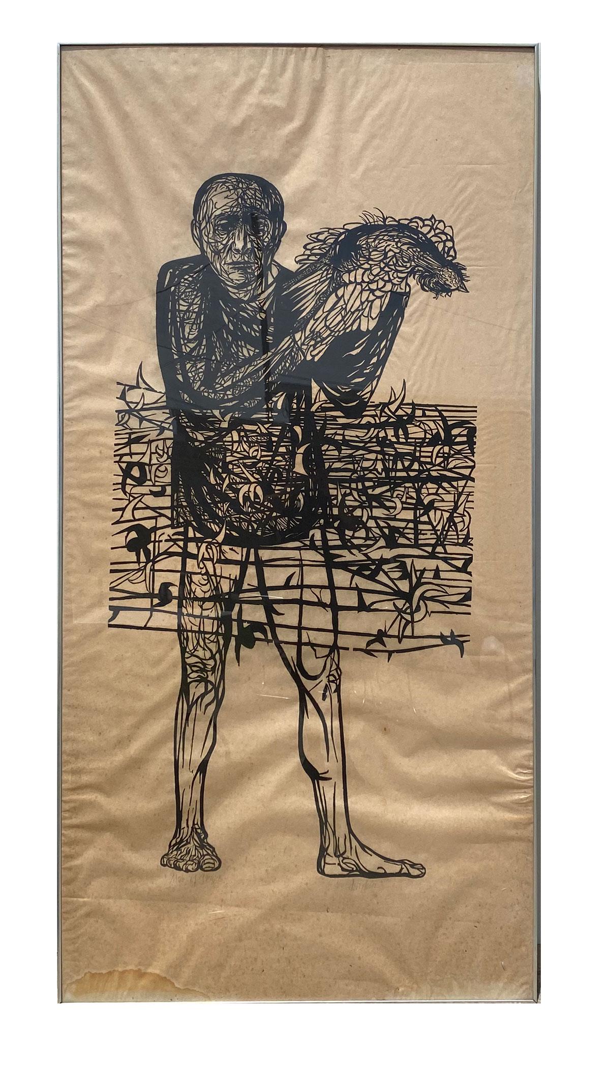 MAN HOLDING ROOSTER PAINTING: BASKIN, Leonard, (American, 1922-2000): Man Holding a Rooster, sight size 81'' x 39.5'', titled ''Man of Peace'', pencil signed lower right, titled lower left, framed, 81.5'' x 40.5''.