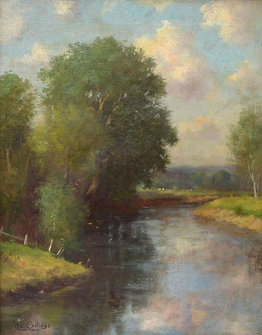 MABEL COOLIDGE LANDSCAPE PAINTING WITH STREAM: COOLIDGE, Mabel, (American, 20th Century): Serene Landscape with Stream, Oil/Canvas, 20'' x 16'', signed lower left, framed, 29.5''x 25.25''.
