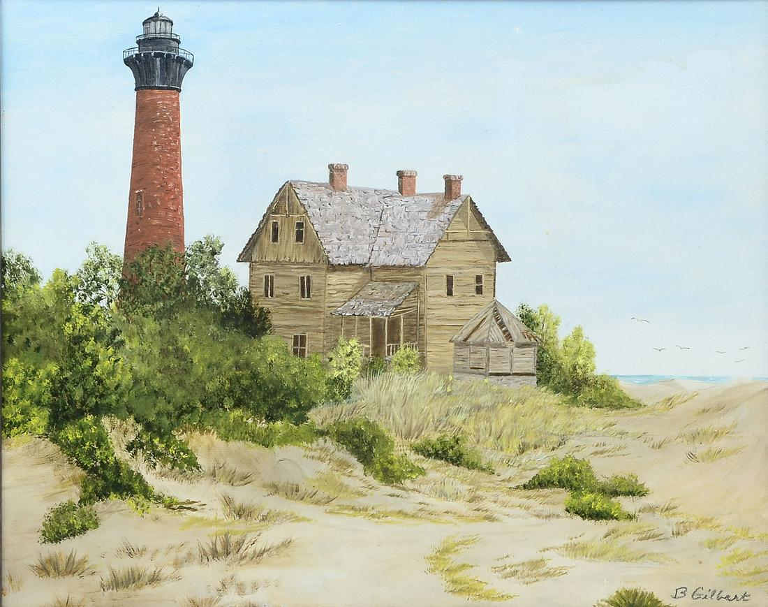 PAINTING OF OUTER BANKS LIGHTHOUSE & FAMILY STORE: PAINTING OF OUTER BANKS LIGHTHOUSE AND AUSTIN FAMILY STORE: The family store also shared the building with the Corolla post office, Oil/Canvasboard, 16'' x 20'', signed lower right B. Gilbert, framed,