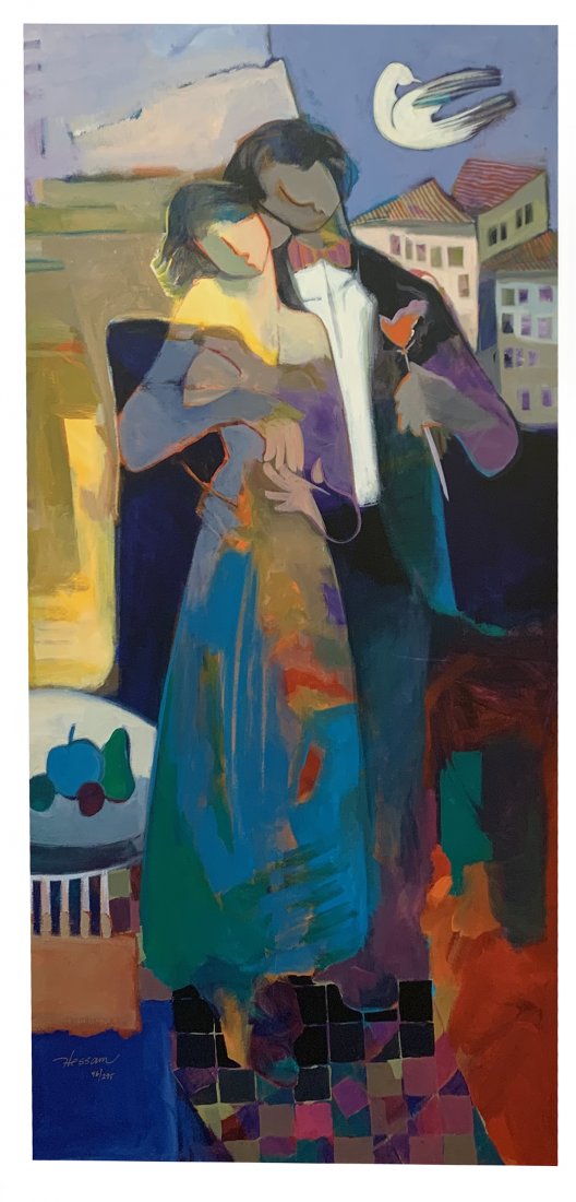 HESSAM ABRISHAMI GICLEE: ABRISHAMI, Hessam, (1951-): Young Romantic Couple a Venice Night, Giclee/Canvas, 44" x 22", signed lower left, numbered 46/295, framed, 52.5" x 30.5".