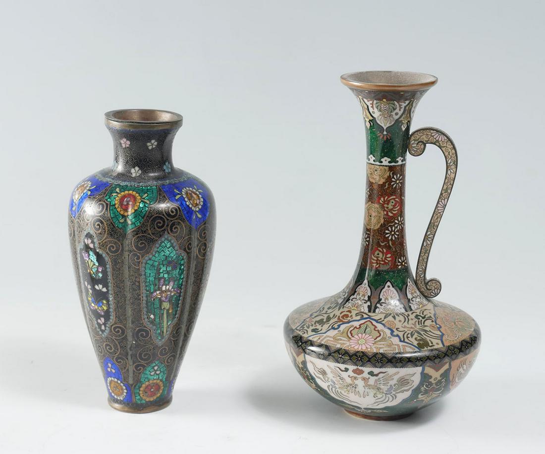 2 PC. JAPANESE MEIJI PERIOD CLOISONNE EWER AND VASE: 2 PC. JAPANESE MEIJI PERIOD CLOISONNE EWER AND VASE: Comprising; 1- Cloisonne on copper ribbed vase, having an overall spiral design with rope form borders. Alternating panels of butterflies & floral 