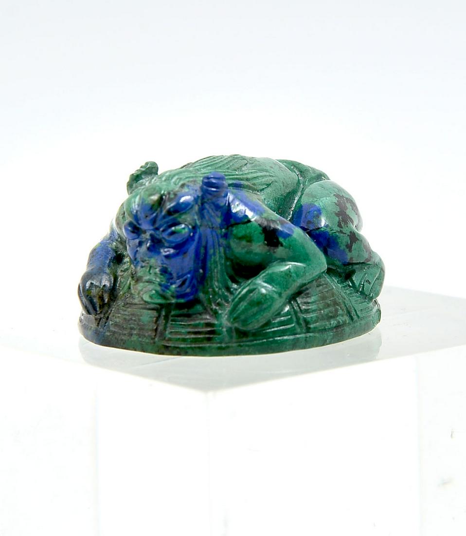 LAPIS AND MALACHITE DEMONIC CREATURE NETSUKE: LAPIS AND MALACHITE DEMONIC CREATURE NETSUKE: Japanese netsuke, of Lapis & Malachite, carved in the form of Kappa. Signed at underside. Approx.